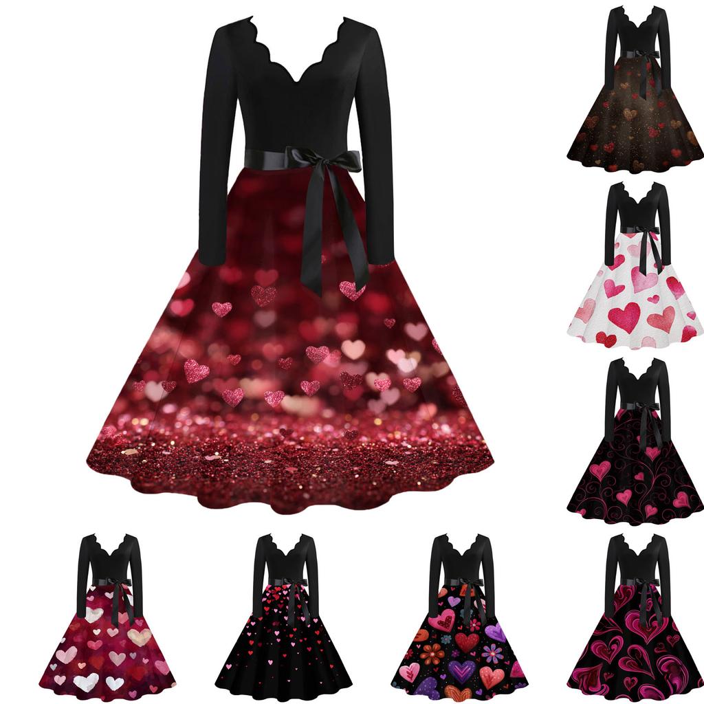 Женское повседневное модное платье с V-образным вырезом и принтом ко Дню святого Валентина в ретро-стиле