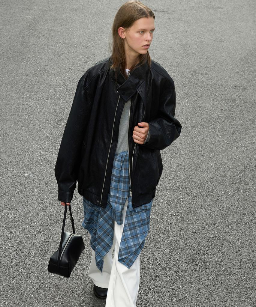 LEVAR Layered Collar Leather Jacket - Black