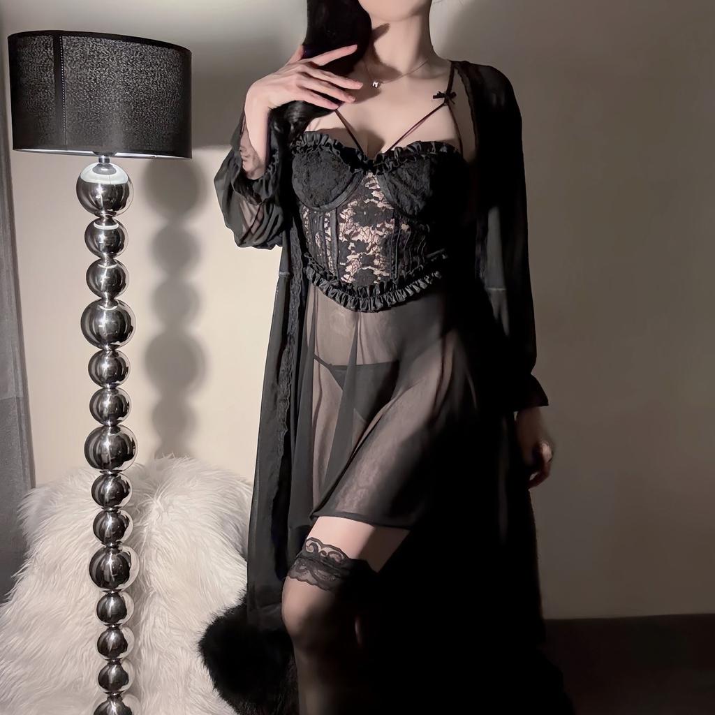 Large size underwear light luxury velvet hot perspective mesh chest pad nightdress with steel ring erotic underwear small breasts show big women