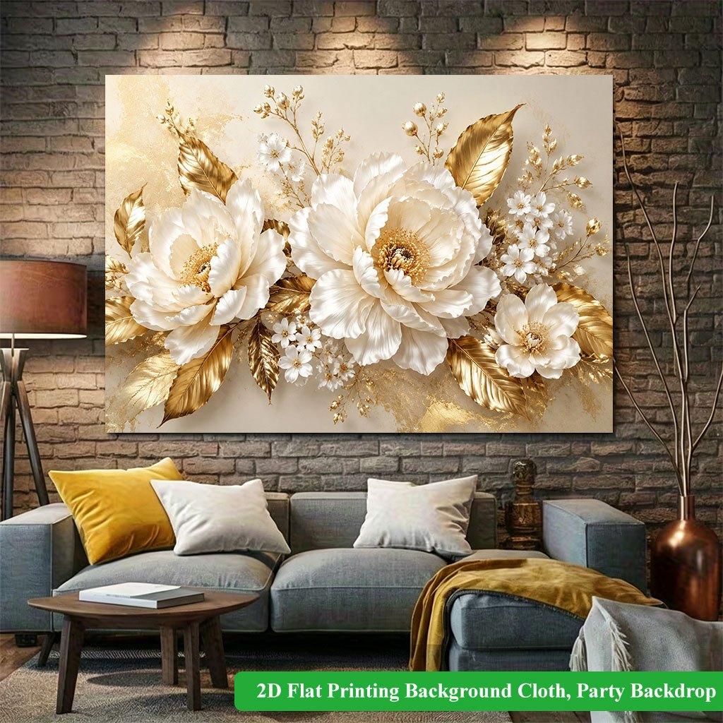 2D Flat Backdrop1pc Gold Floral White Floral Backdrop Banner Polyester Wall Decor For Living Room Bedroom Office Outdoor Decor Party