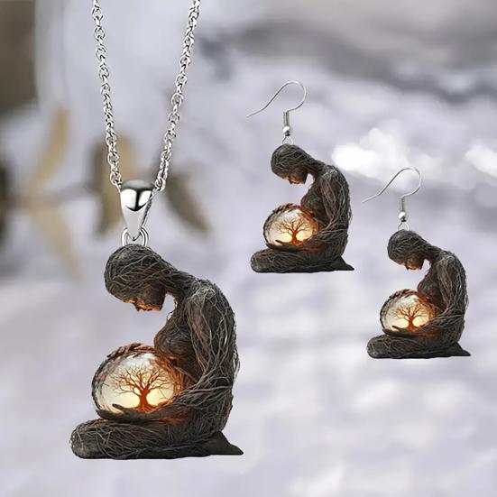 2Pcs/Set Necklace Earrings Set 2D Acrylic Figure Charm with Tree Winding Necklace Hook Earrings Set Mother Day Gift Jewelry