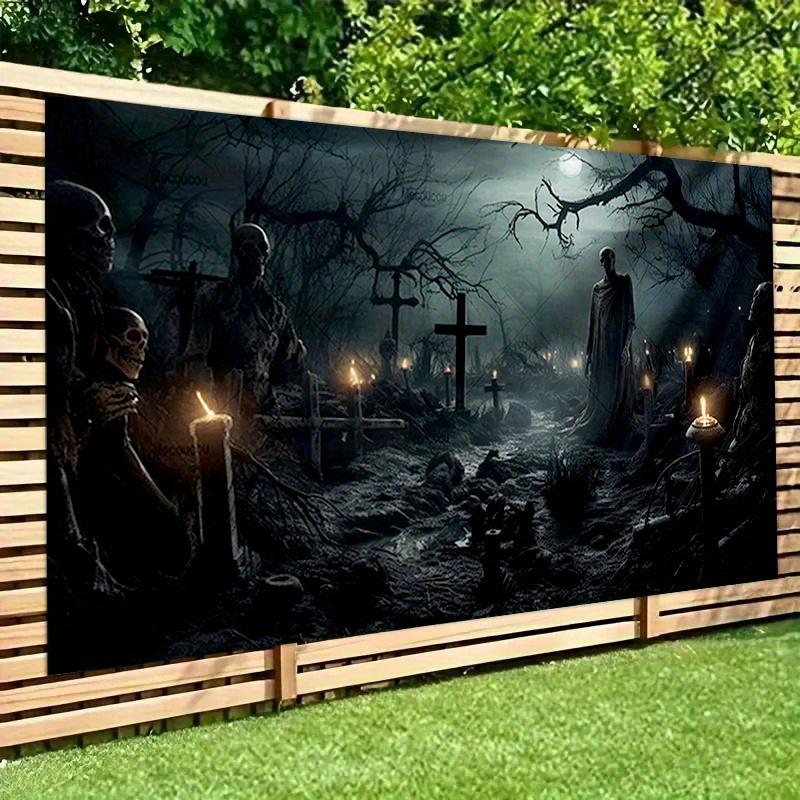 1 piece of Halloween horror castle shadow background fabric - full moon and skeleton graveyard scene