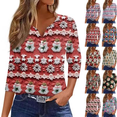 Жен. Футболка Футболка С принтом Пуговицы Рукав 3/4Ежедневно Выходные Мода Классический Топ с v-образным вырезом Обычный
