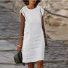 Vintage Summer Women Short Sleeve Blue White Dresses Fashion Tunics Ladies Casual Solid Loose O Neck Elegant Midi Dress
