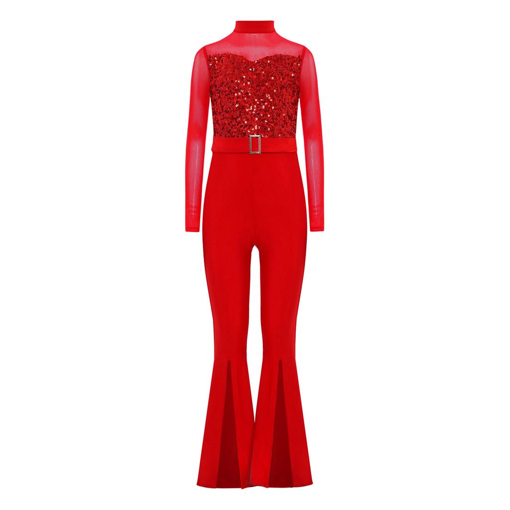 Костюм для джазового танца для девочек, комбинезон с длинными рукавами и вырезом на спине из прозрачной сетки, расширяющийся книзу, с пайетками