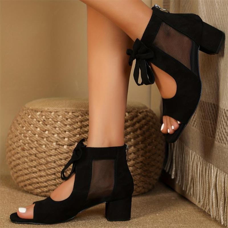 Fashion Sandals Women Peep Toe Bowknot Chunky Heeled Sandals Summer Ladies Elegant Butterfly Knot Sandals Back Zipper Fish Mouth Shoes