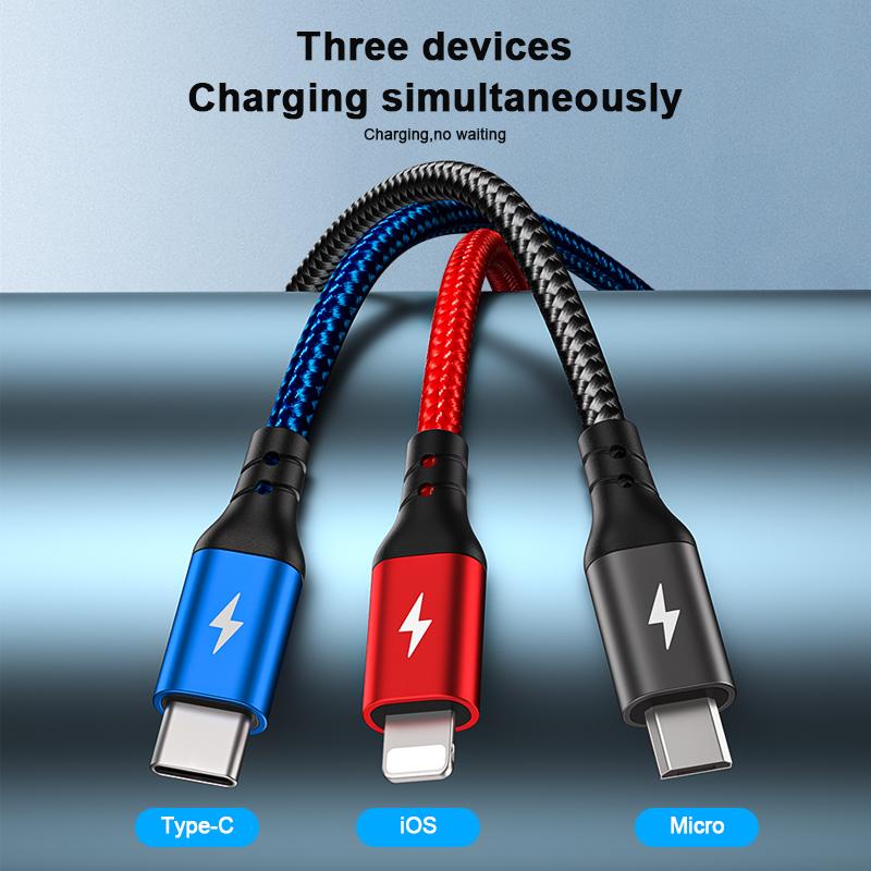 QOOVI Кабель для быстрой зарядки 3 в 1, Micro USB/Type-C/Lightning