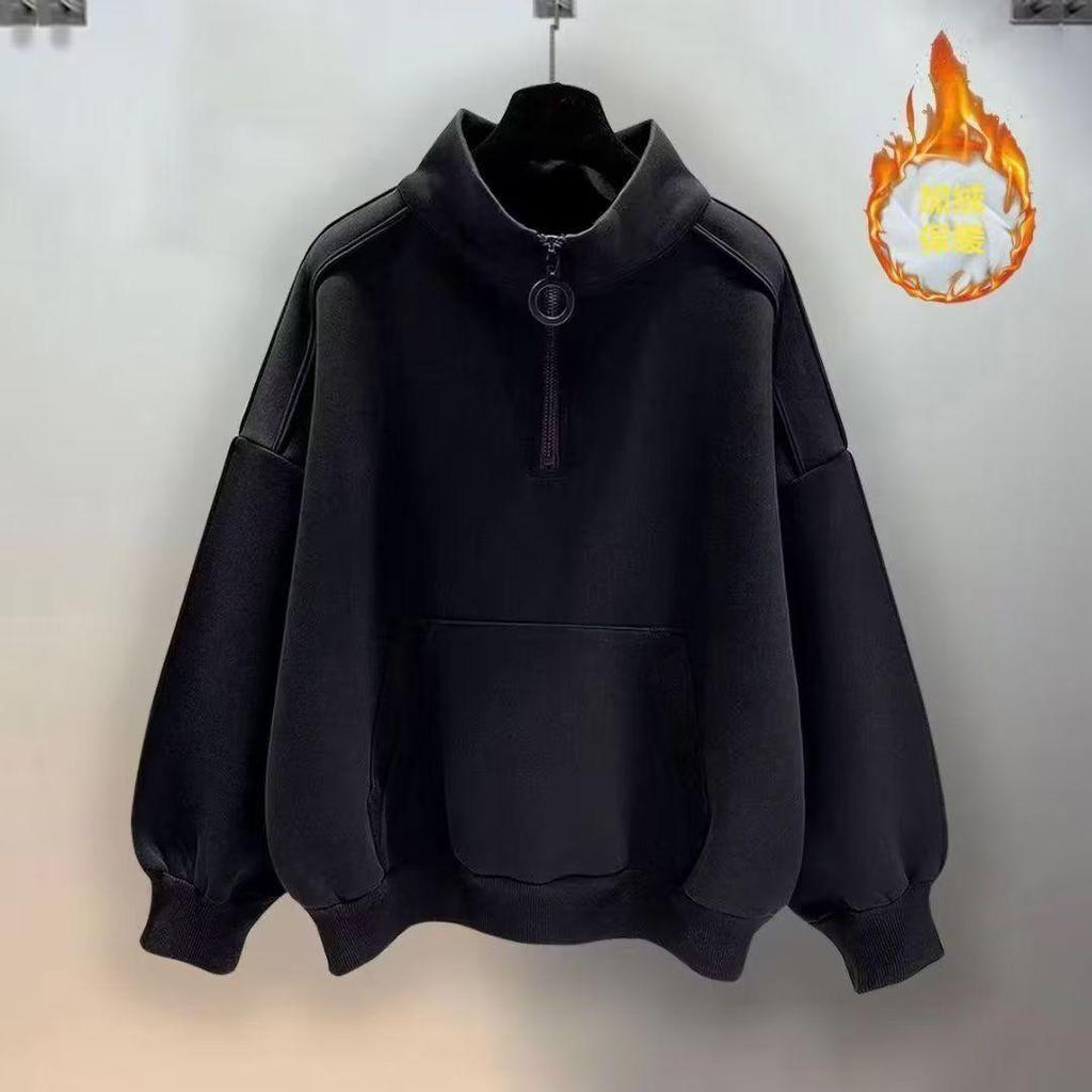 Men's Fleece-Lined Half-Zip Sweatshirt: Trendy Hong Kong Style, Thickened, Half-High Neck, Long Sleeve, with Loose Fit