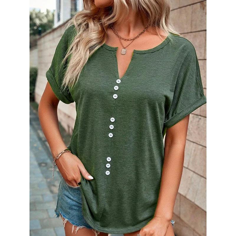 Summer Women's T-shirt V-neck Button Short Sleeve Top