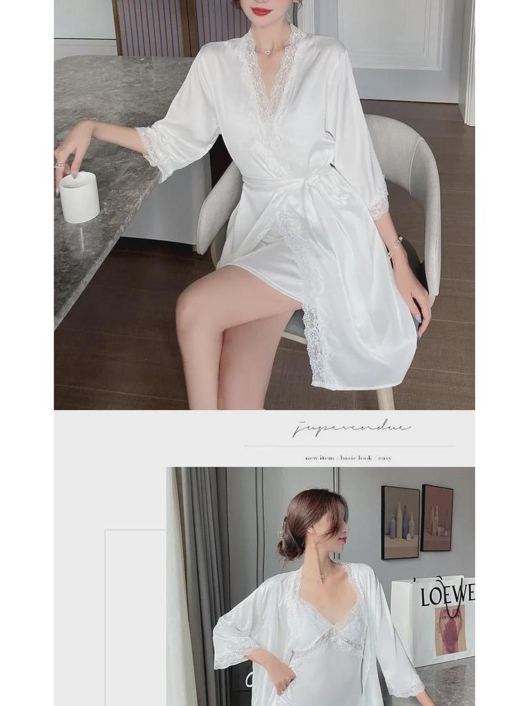 Lace Hollow Temptation Ice Silk Suspender Nightdress & Robe Set with Chest Pad