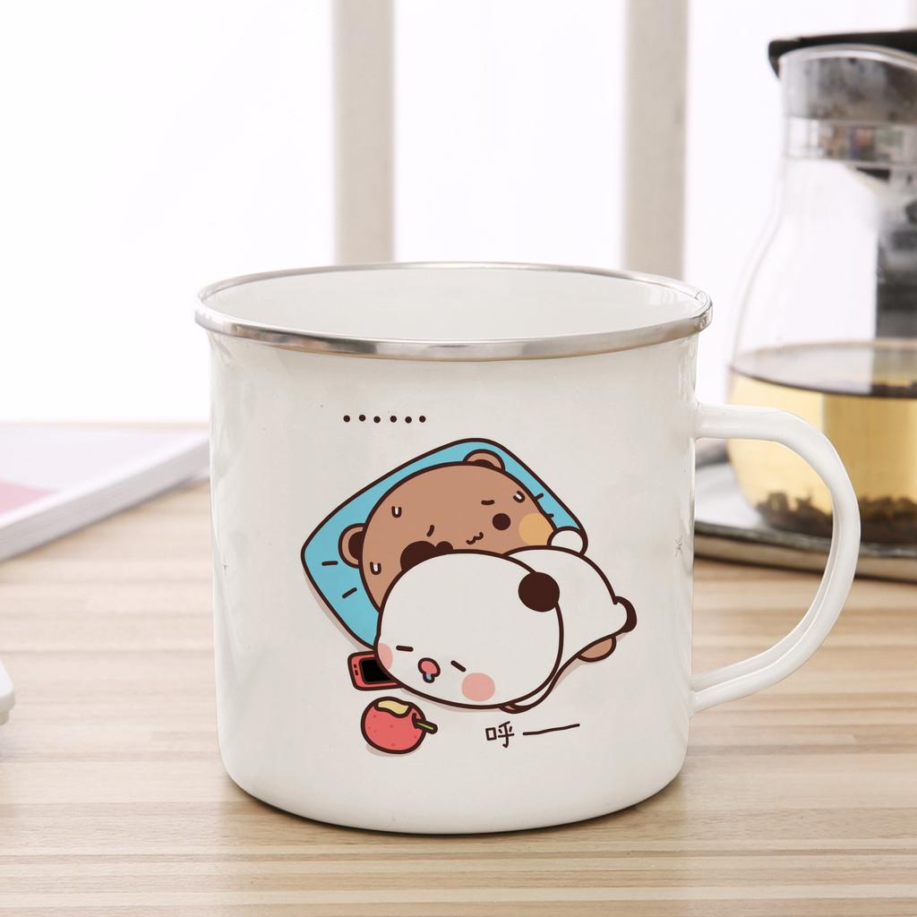 Эмалевая чашка с изображением мультяшного медведя с молоком и рисунком, чашка для кофе, чая, милого животного, завтрака, десерта, 11 унций, чашка для молока и воды, подарок для пары