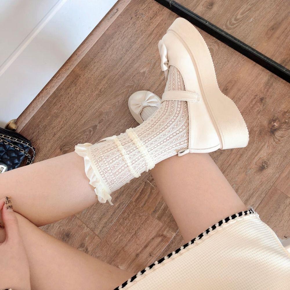 Носки из черного кружева в стиле Y2K, ультратонкие носки до колена, носки с оборками в японском стиле, платье