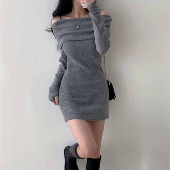 Women Knitting Tops Off Shoulder Long Sleeve Solid Color Slim Fit Pullover