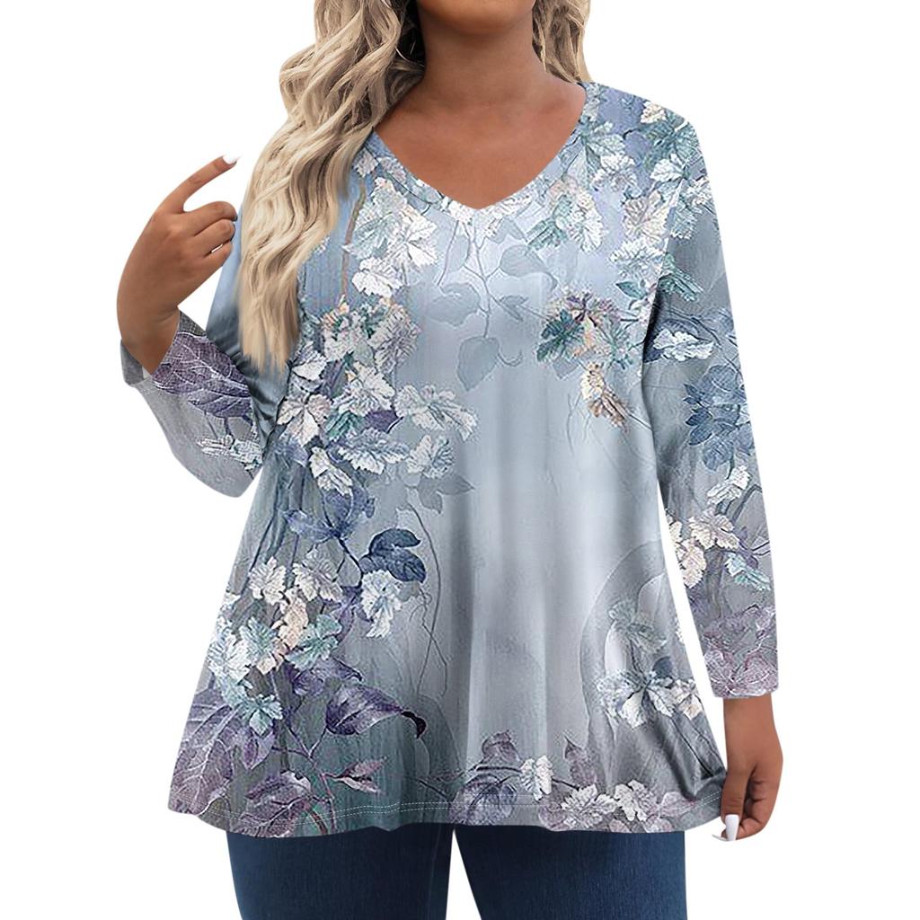 Женские топы больших размеров с длинным рукавом и принтом, рубашки с V-образным вырезом, повседневная одежда, топы