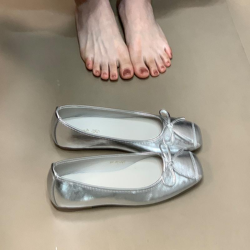 Модный дизайнер Серебристые женские туфли-балетки Лаконичные из мягкой кожи Элегантные туфли Мэри Джейн с бантом-бабочкой