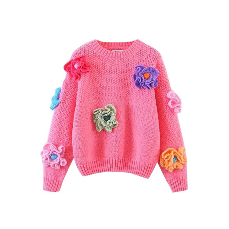 Новый трехмерный цветочный вязаный женский свитер для женщин, новый свободный, томный, ленивый, ветер, иностранный, сладкий, женский свитер