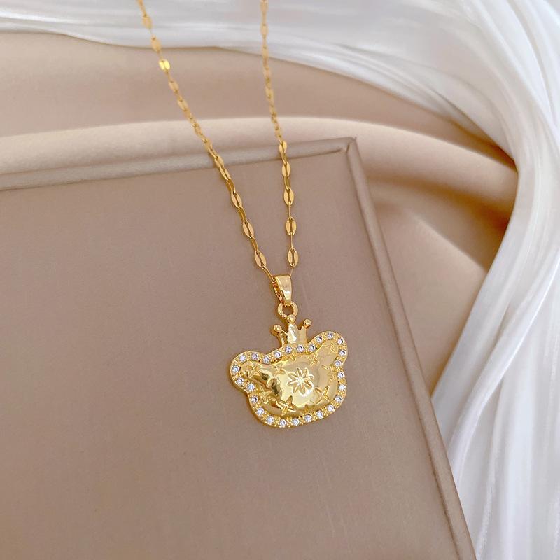 Crown Cat Light Luxury Temperament Gorgeous Full Diamond Necklace Female Versatile Collarbone Chain Titanium Steel Chain