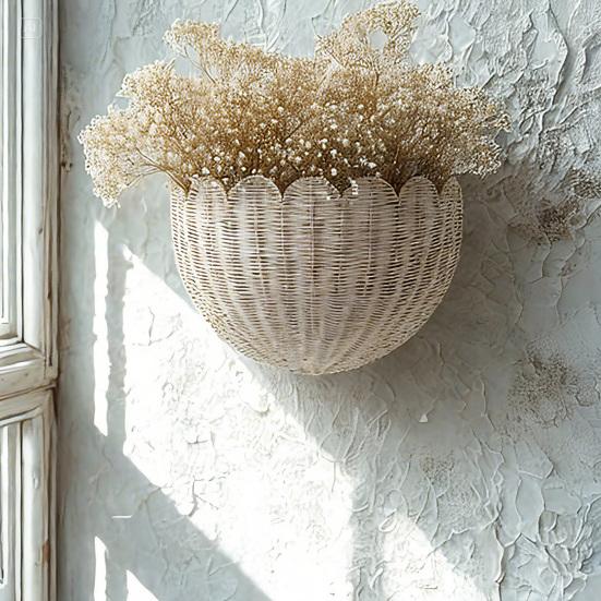 Scalloped Wall Wicker Basket Large Capacity Strong Load-bearing Simple Installation Multi-Purpose Rustic Wall Storage Basket