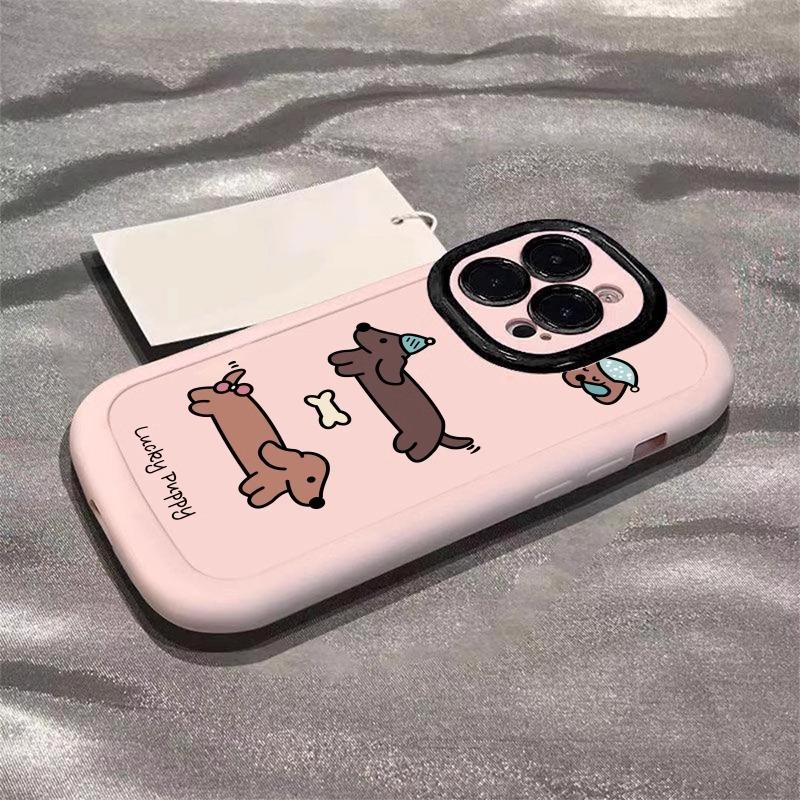 Applicable To Apple 16promax Mobile Phone Case Pink Dachshund Painted IPhone 15plus Puff 14 13