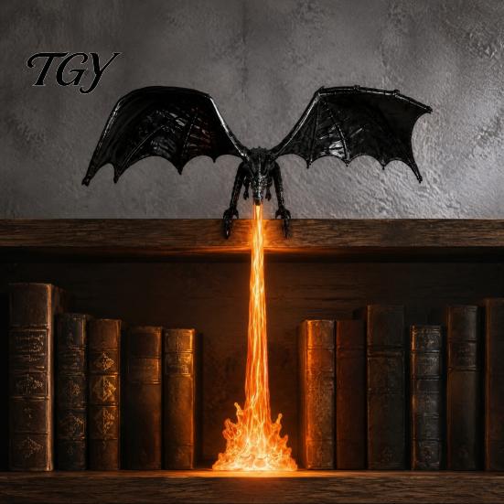 Illuminated Bookcase Sculpture Dragon Bookshelf Nook Light with LED Flame Effect, Fantasy Shelf Decor, Unique Gift for Bookworms Flying