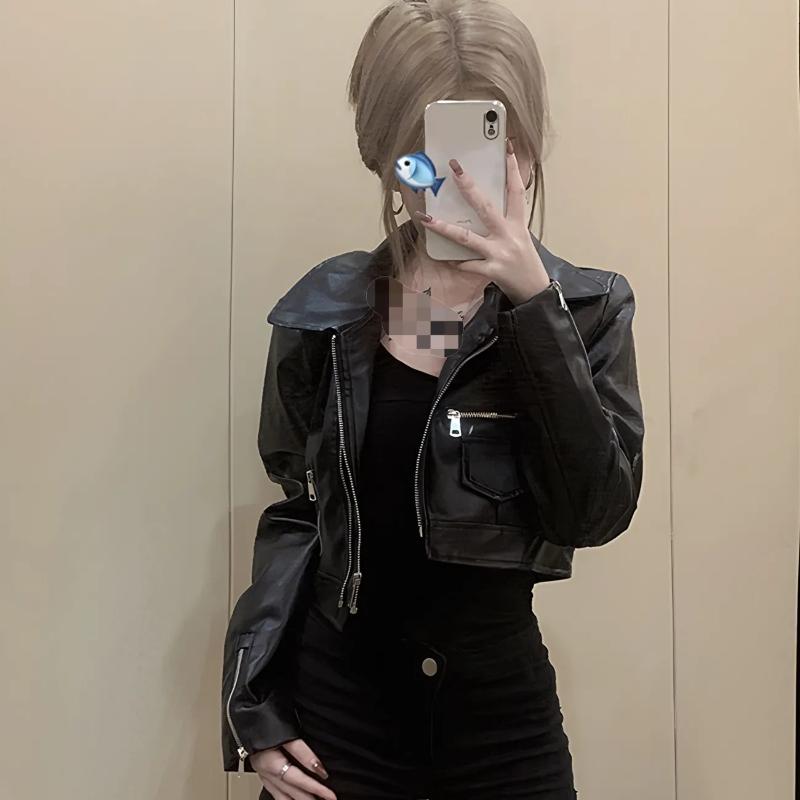 Классическая американская куртка для мотоциклистов для женщин, приталенная короткая куртка из искусственной кожи на молнии