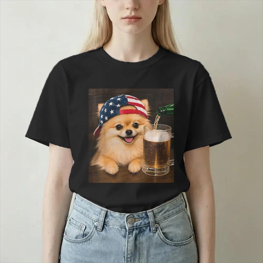 Funny Pomeranian Drinking Beer Usa Tshirts For Unisex Unisex O Neck 100 Cotton T Shirt Short Sleeve Tees Gift Idea Clothes
