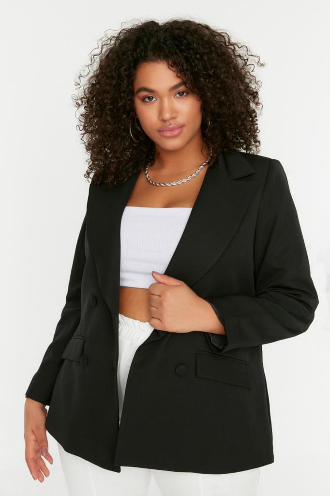 Women's Fashion New Big Size Jacket Black Double Closure Woven Blazer Jacket