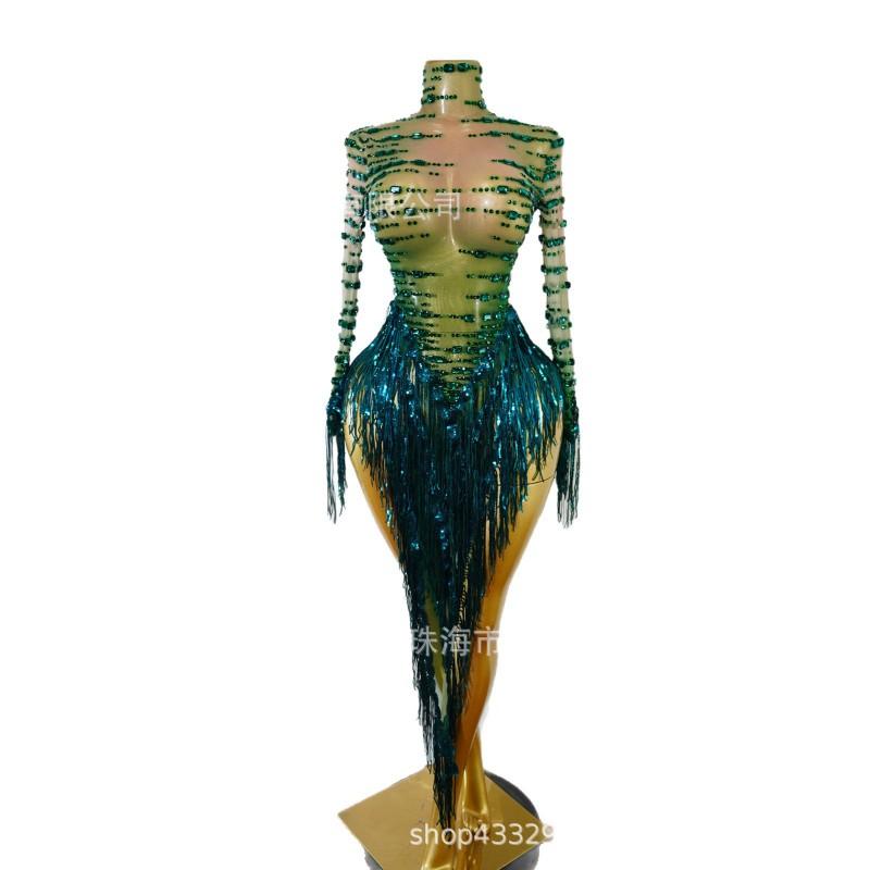Green Fringe Rhinestone Latin Dance Performance Dress Stage Show Party Competition