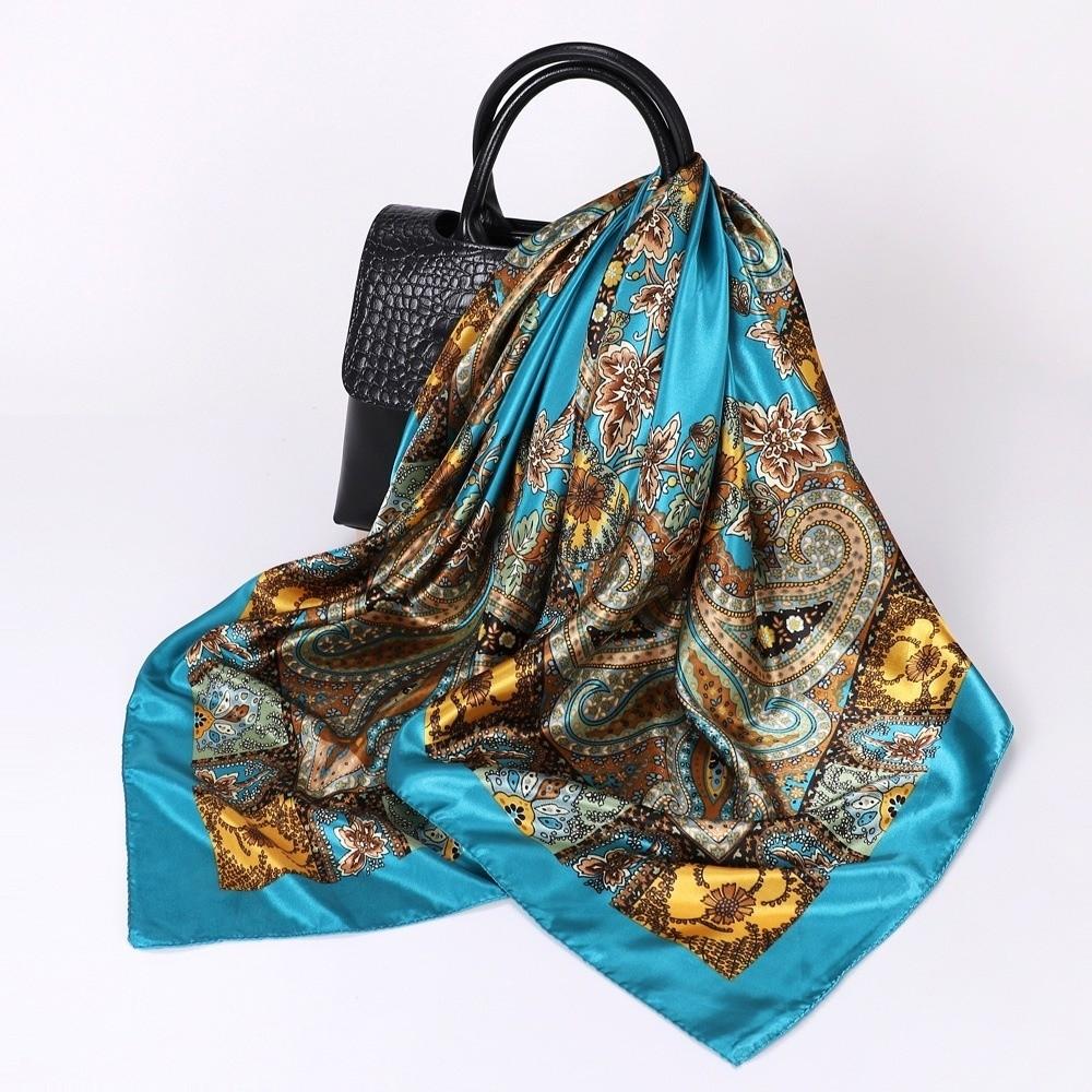Bohemian Women Muslim Hijab Bandana 90*90cm Print Silk Headkerchief Satin Square Scarf Office