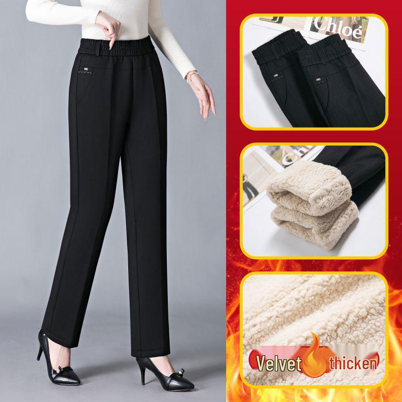 Женские зимние брюки из овечьей шерсти с флисовой подкладкой высокой посадки - Утепленные, Хлопковые, Осень 2025