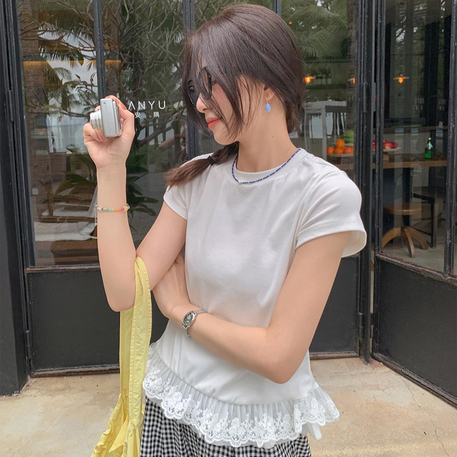 Летняя футболка из чистого хлопка с кружевом для женщин, однотонные футболки с коротким рукавом и круглым вырезом, с рисунком листьев лотоса, облегающие эластичные белые топы