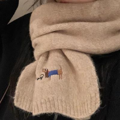 Корейская версия с шерстяным шарфом для женщин зима новый универсальный однотонный шарф Ins бежевый студенческий продвинутый вышивка щенка
