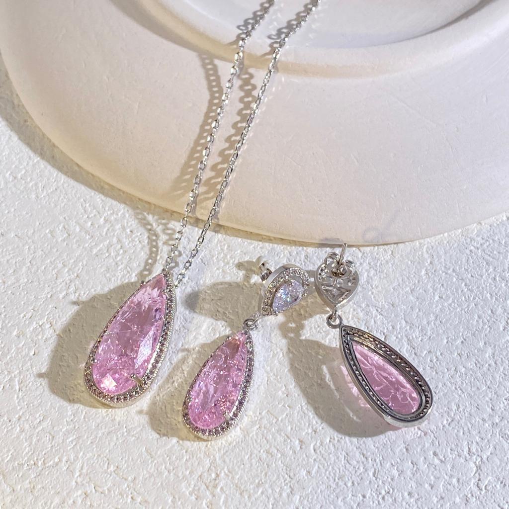 Ice Crack Water Drop Color Zirconium Jewelry Set Pink Blue Green Lake Blue Multi-color Optional Gold and Silver Base Stud Earrings Necklace