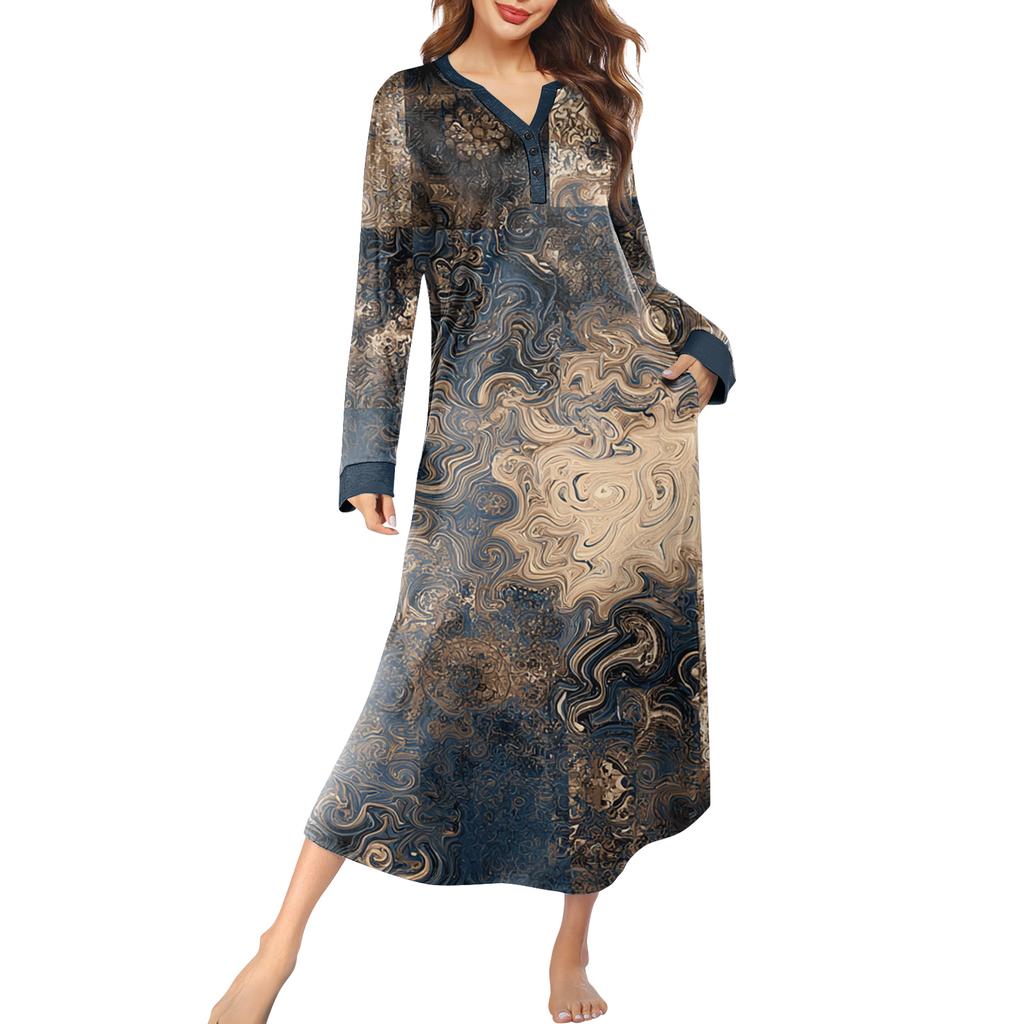Женская ночная сорочка длинная домашняя одежда с V-образным вырезом и карманами