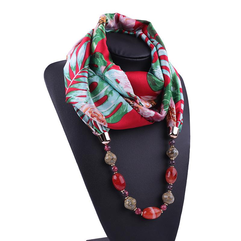 Plant Printing Chiffon Gem Necklace Scarf Women's Spring and Autumn Ethnic Style Natural Stone Necklace Scarf Clothing Collocation
