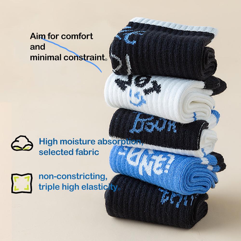 Kids Sports Socks 1-14 Years 5 Pairs Mid-Tube Cotton Socks Breathable, Anti-Slip, Stretchable Colorful Non-Fade Design