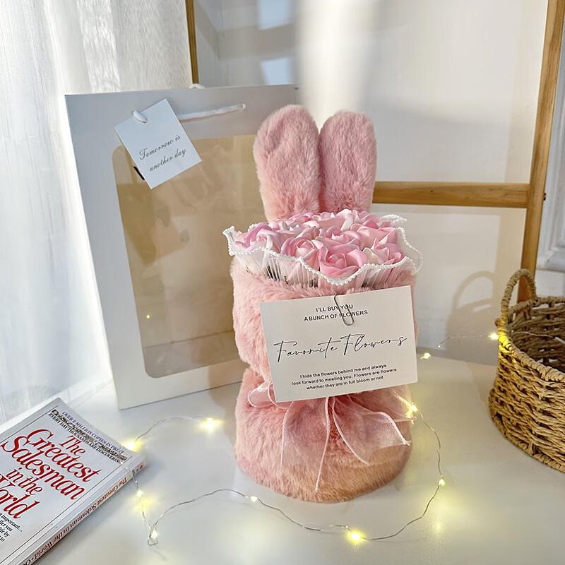 OJW Plush Rabbit Ear Soap Flower Rose Bouquet