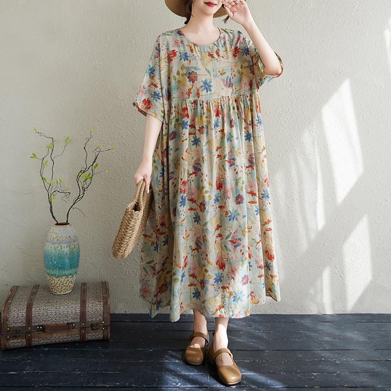 DIMANAF 2024 Платье больших размеров Новое летнее базовое свободное женское винтажное платье с круглым вырезом и коротким рукавом большого размера для пляжа Длинное платье