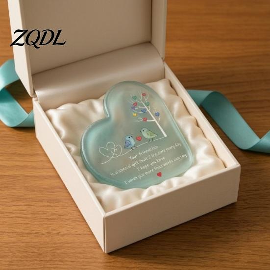 Healing Style Bird Pattern Ornament Heart Shape Acrylic Friendship with Engraved Verse & Tree, Desktop Appreciation Gifts for Long Distance Friend Art