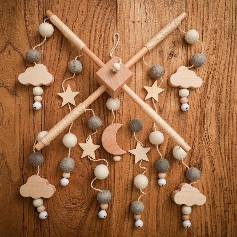 Baby Rattle Crib Mobile Toys 0 -12 Months Star Moon Wooden Bed Bell Musical Box Hairball Nordic Hanging Decor Accessories Gifts