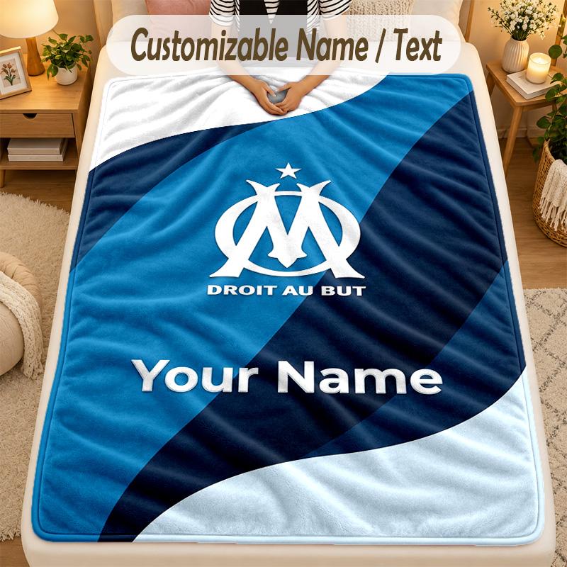 Flannel BlanketOlympique Marseille FC Custom Name Text Personalized Soft Warm Throw Blanket Home Decor Gift
