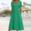 Женское летнее платье с плиссированным ремешком и V-образным вырезом с короткими рукавами, однотонное платье с карманами трапециевидной формы со свободным подолом, дышащее мягкое платье миди для свиданий