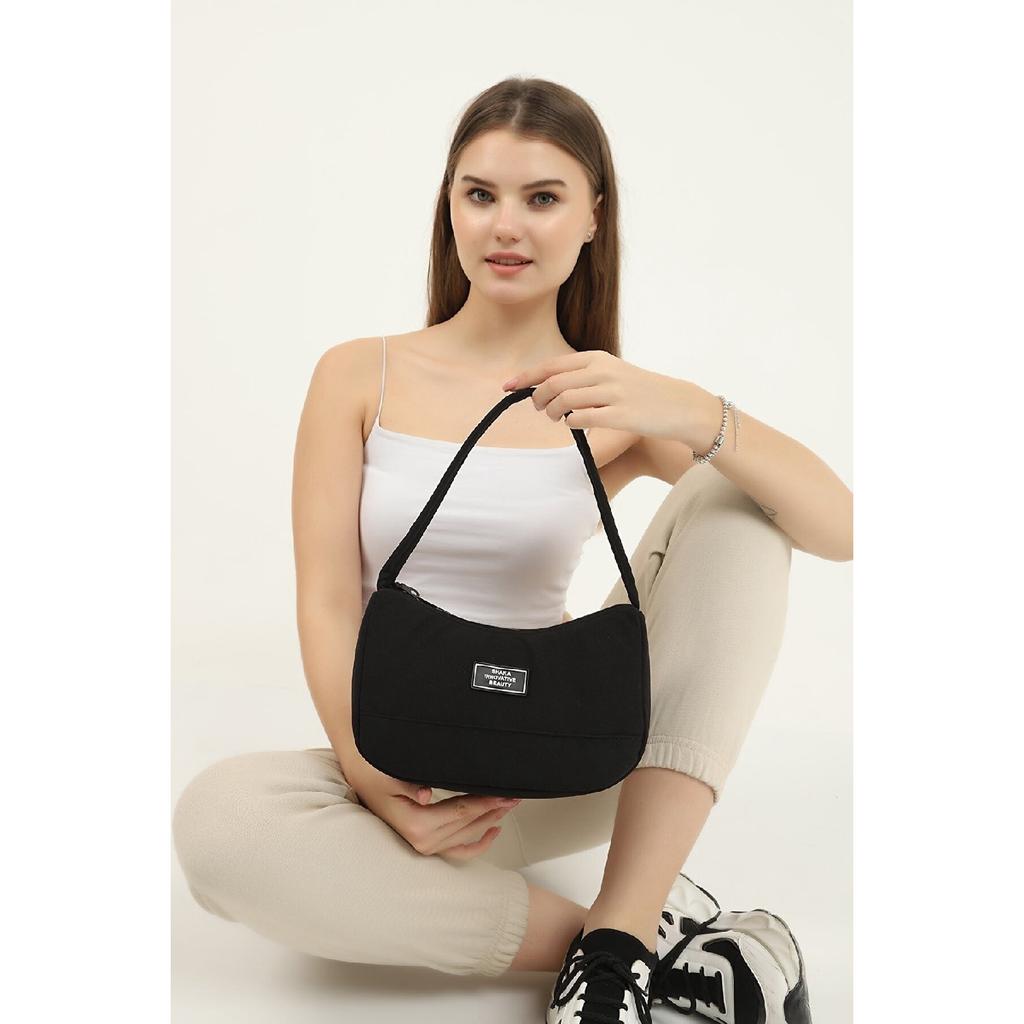 Black U11 Single Zipper Compartment Daily Sports Baguette Canvas Fabric Women's Hand And Shoulder Bag B:16E: 26