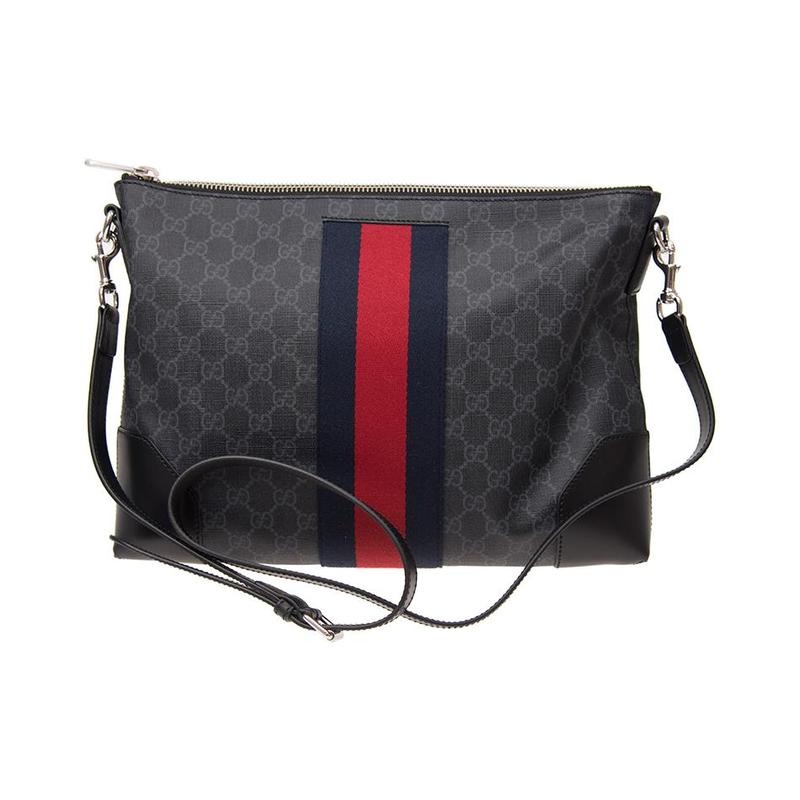 Gucci Distressed classic presbyopic logo striped webbing canvas and leather shoulder crossbody bag men's black gray