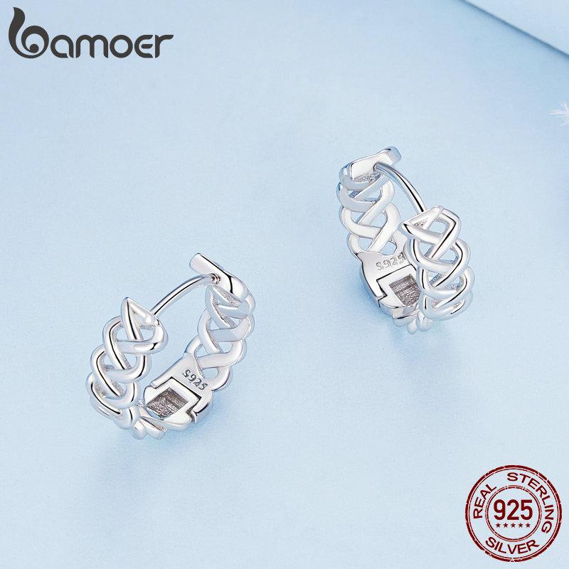 Bamoer Серьги-кольца из стерлингового серебра 925 пробы с ажурным узором, переплетенные, витые, для женщин, модные, тонкие ювелирные изделия