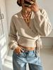 Женский вязаный кроп-топ с V-образным вырезом и завязками - Однотонный, с неровным краем, Весна/Осень