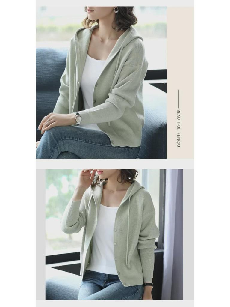 Женский вязаный кардиган с капюшоном — короткий и свободный для ранней весны/осени 2024 г.
