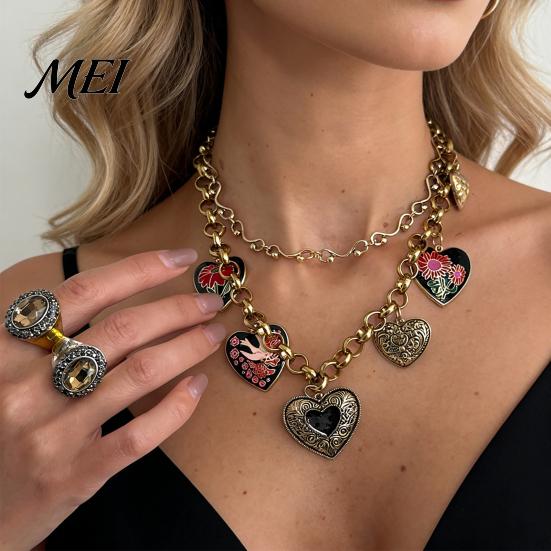 Oxidization Resistant Necklace Floral Heart Charms Necklace, Double Layer Vintage Chain Choker Oval Faux Delicate Jewelry Diamond Ring, Enamel