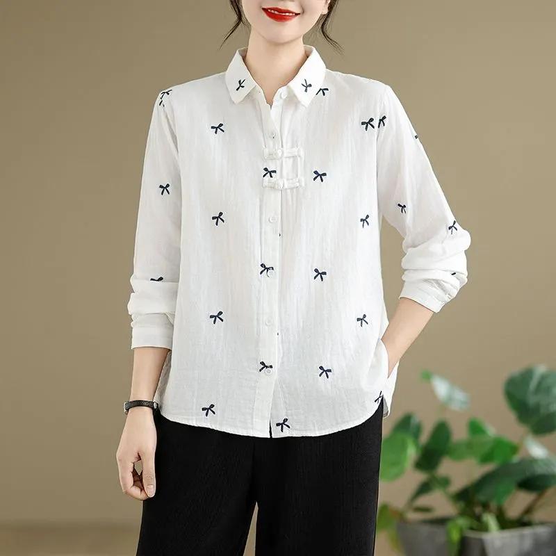 Весенне-осенняя хлопковая рубашка с длинным рукавом женская в китайском стиле с вышивкой женская блузка