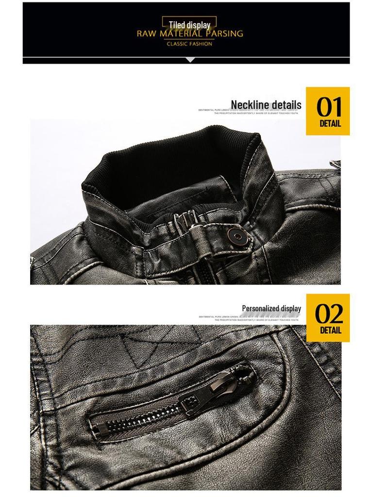 Black Youth Leather Jacket with Stand-up Collar & Side Seam Pockets